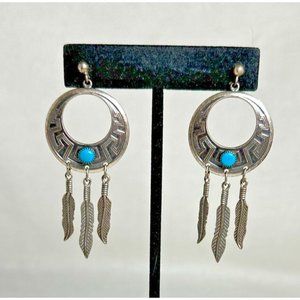 Stamped Sterling Turquoise Shields or Suns & Feathers Post Earrings - 2 1/2"
